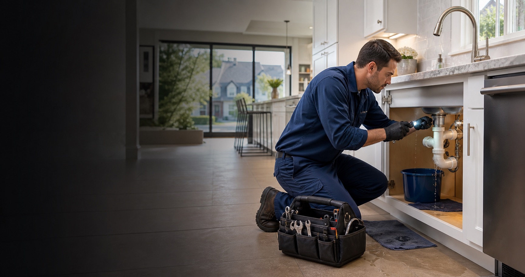 Emergency plumber repairing an under sink leak in a Dallas Fort Worth home